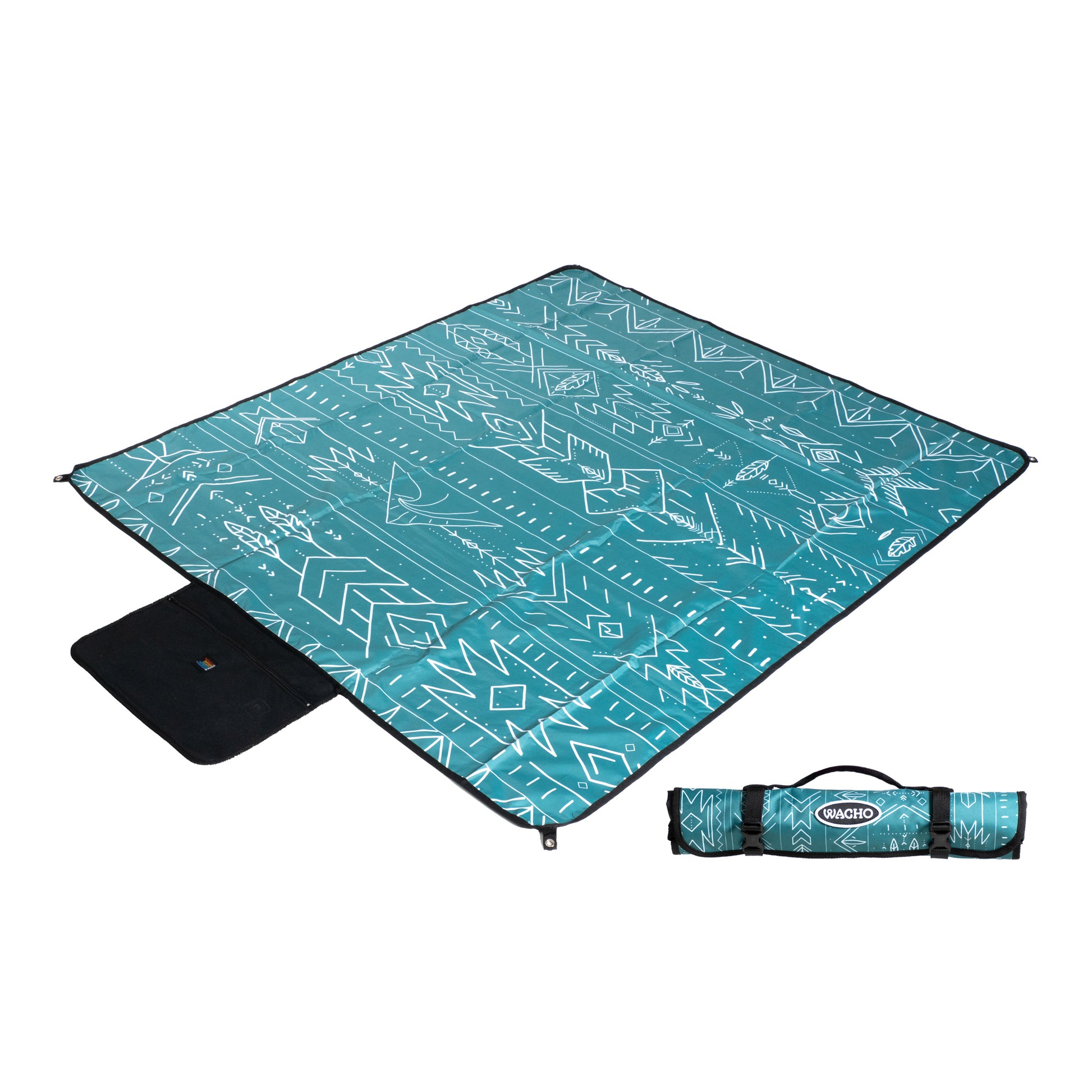 WACHO sandproof, waterproof outdoor blanket, indie geometric design—63x55 inches. Packs into a carrying bag.
